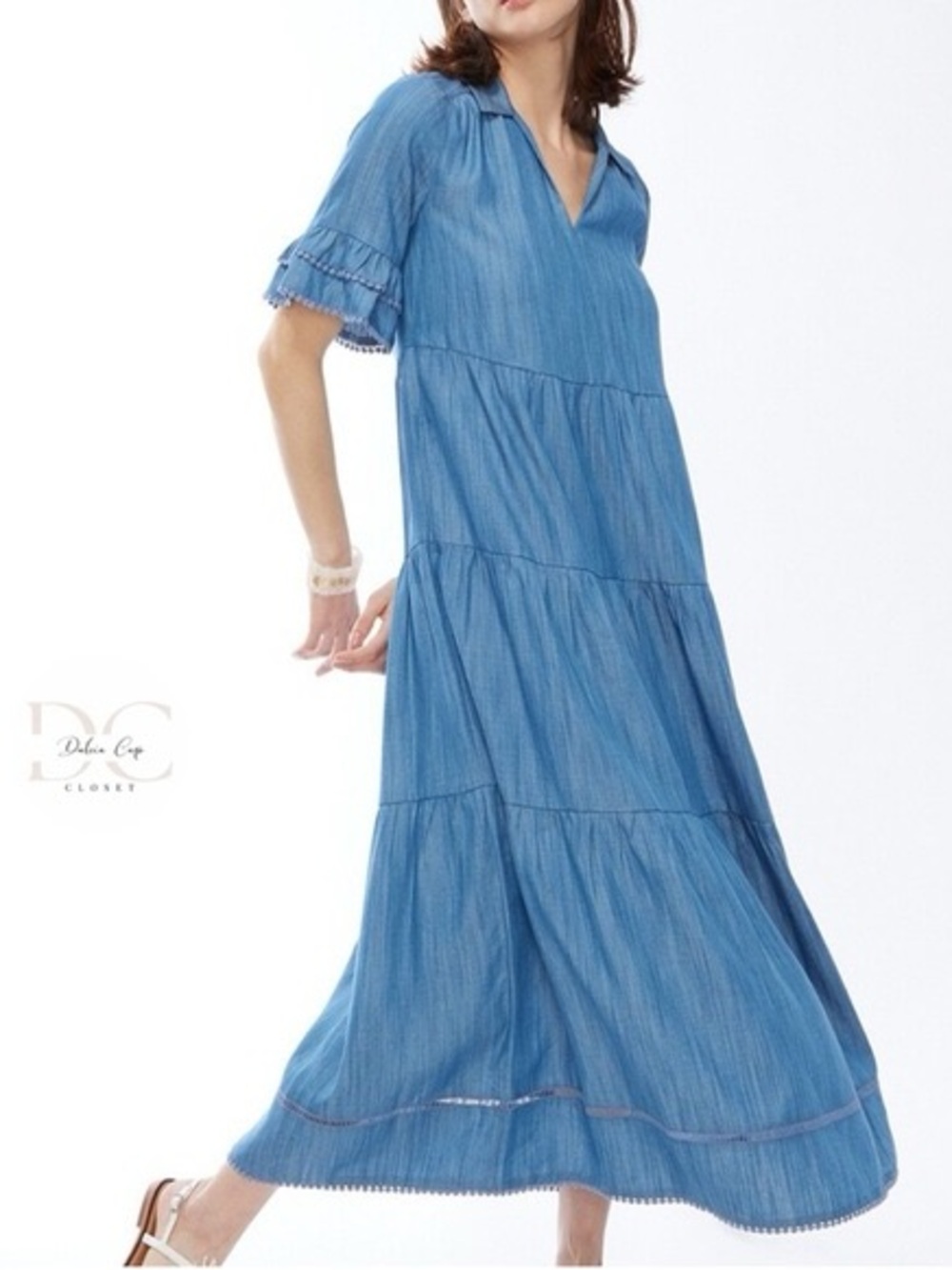Chico’s Blue Tiered V-Neck Midi Dress 10